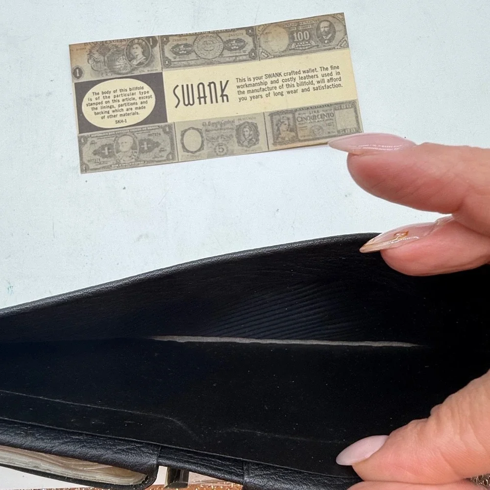 Vtg Swank Black Leather Billfold‎ Wallet Snap Closure Mens SK3J-T 1960s unused